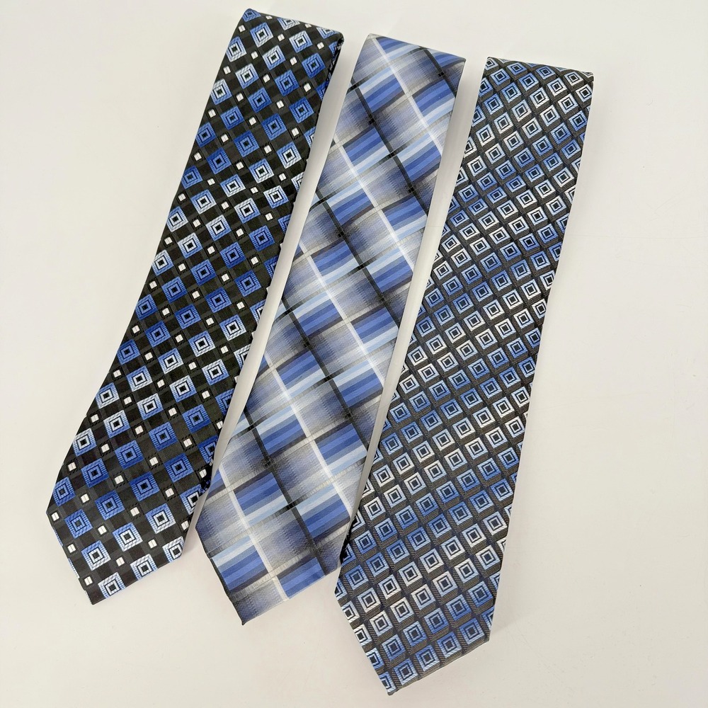 Croft & Barrow Ties Mens Blue Black Plaid Geometric Diamond Patterns Lot of‎ 3
